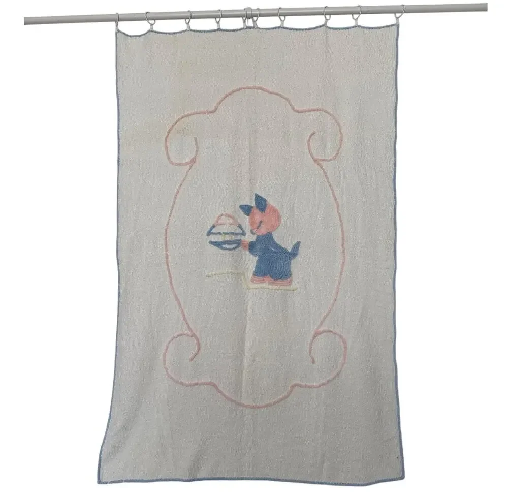 Vintage 1940s–1950s Baby Chenille Crib Blanket 40x61 Blue Pink Kitten Nursery